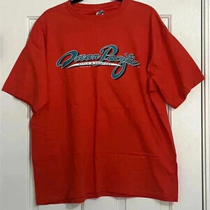 Vintage 90s Men's XL Red Ocean Pacific Graphic Design Surfing Short Sleeve Shirt